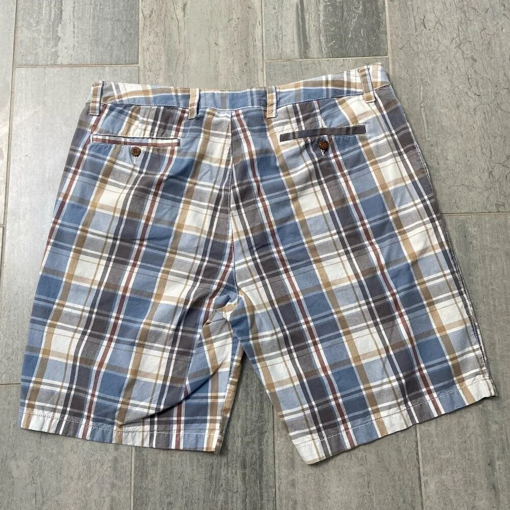 Olde School Brand Flat Front Cotton Chino Shorts Blue White Plaid Men's Size 38